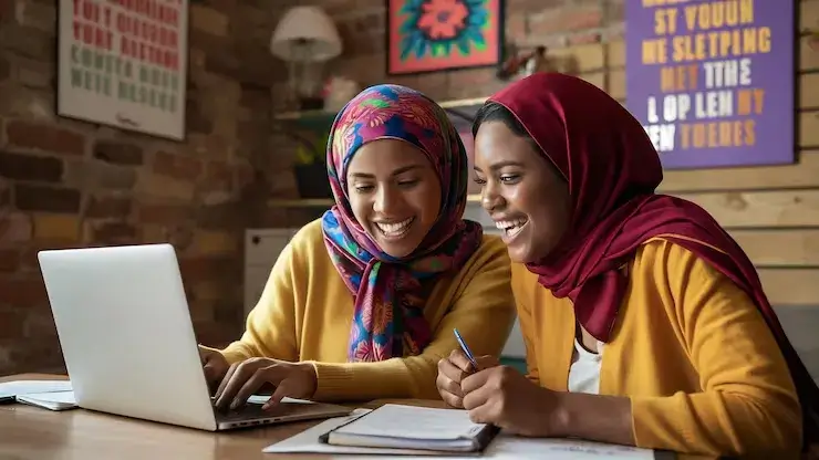 Two happy women studying